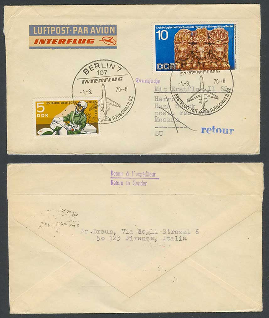 Germany Police 1.8. 1970 First Flight Cover Interflug IL 62 Berlin Moscow Russia