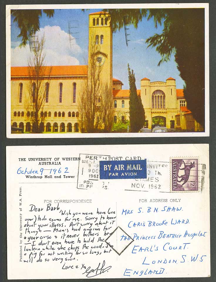 University of Western Australia 1962 Old Postcard Winthrop Hall & Tower, Airmail