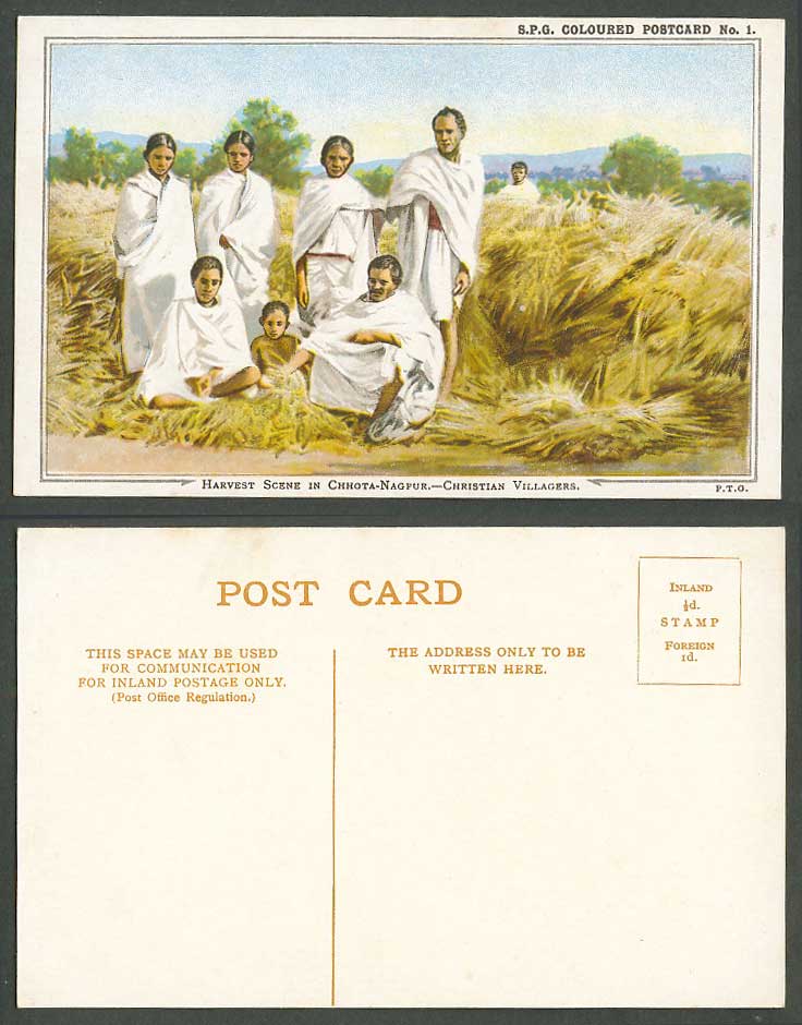 India Old Postcard Harvest Scene in Chhota-Nagpur, Christian Villagers, S.P.G. 1