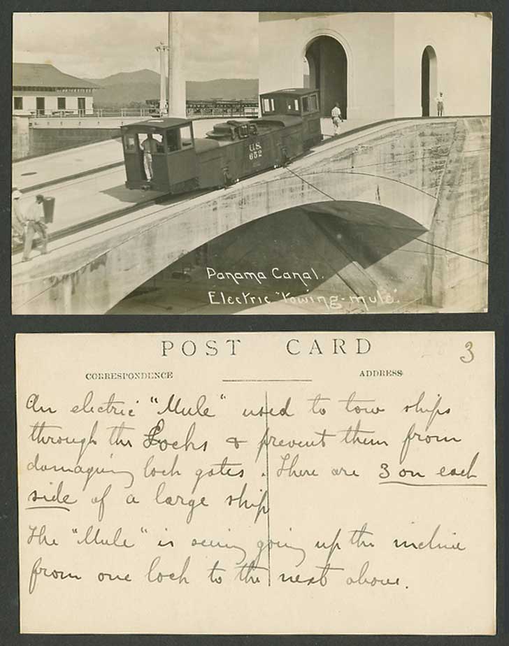 Panama Canal Electric Towing Mule Train with U.S. 652, Bridge Old Photo Postcard