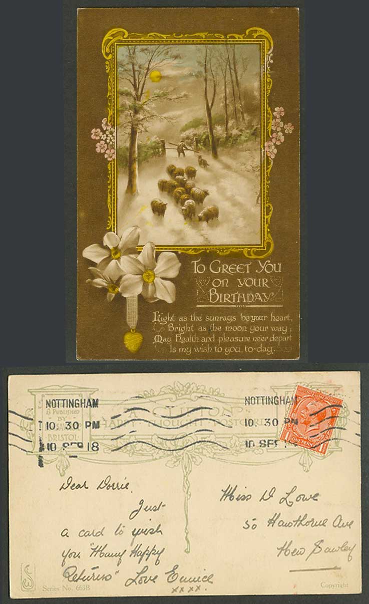 Sheep & Shepherd Snow, To Greet You on Your Birthday Greetings 1918 Old Postcard