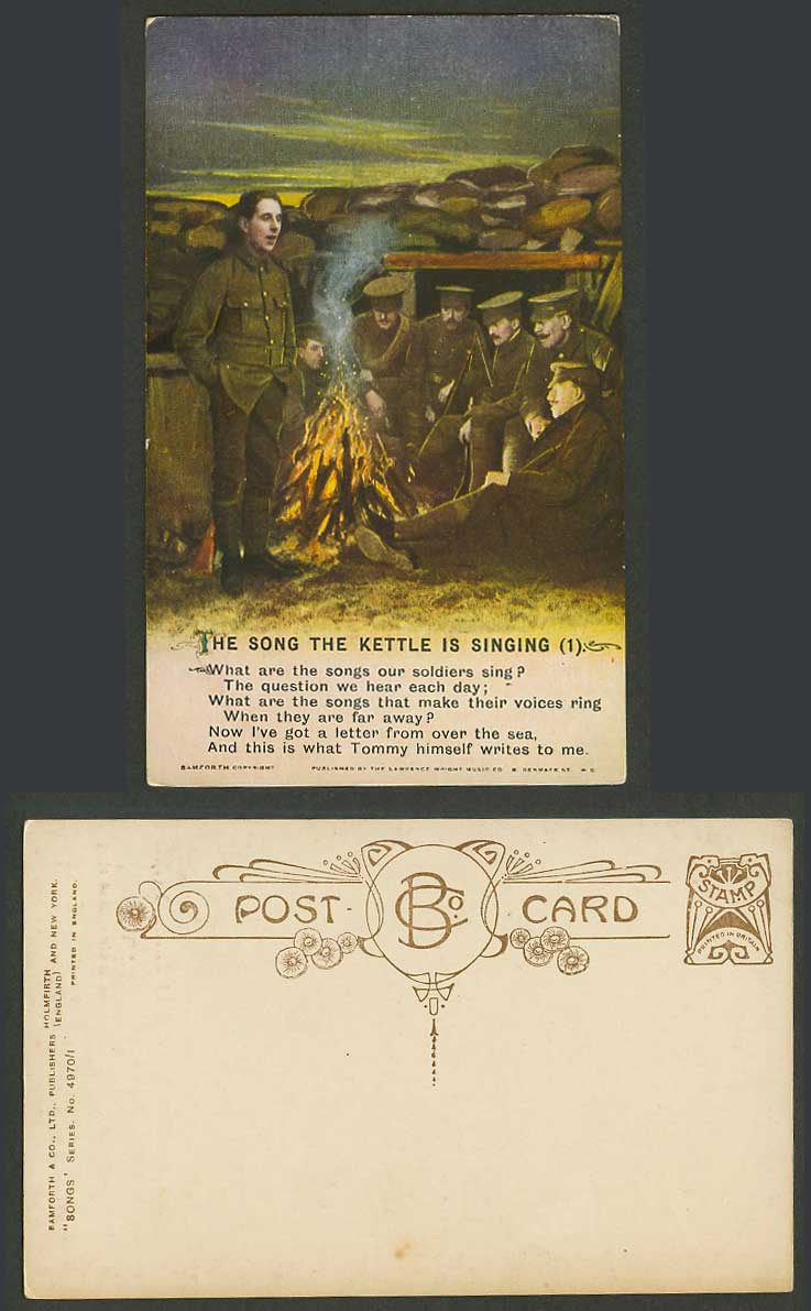 Bamforth The Song The Kettle is Singing 1. Soldiers Trench Campfire Old Postcard