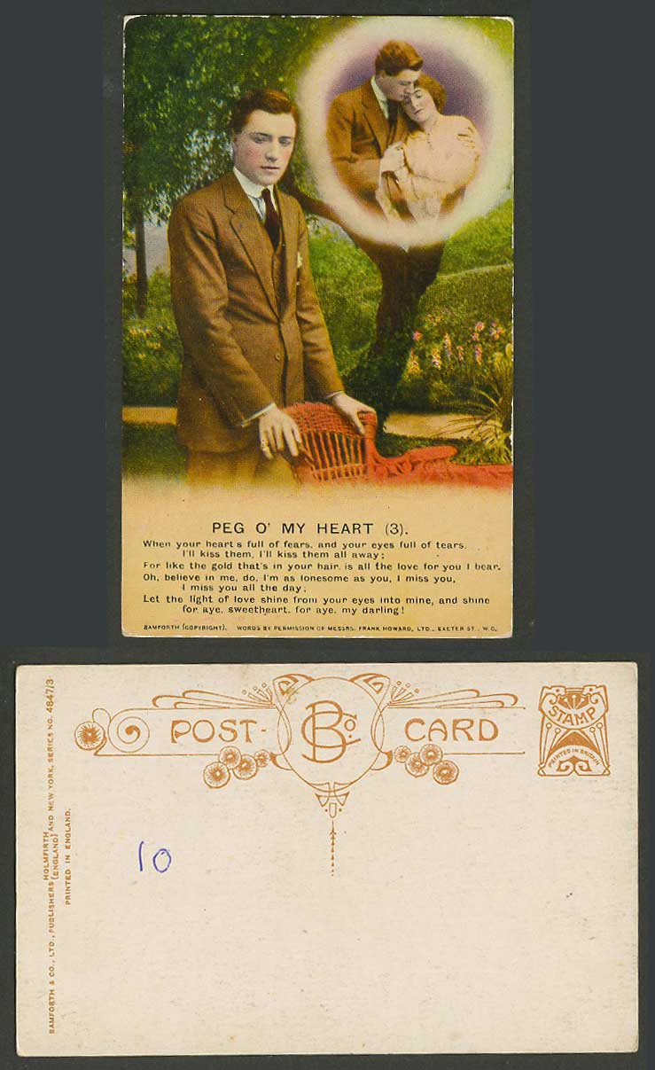 Peg O' My Heart 3 Song Card Romance Man Holding Lady Woman Bamforth Old Postcard