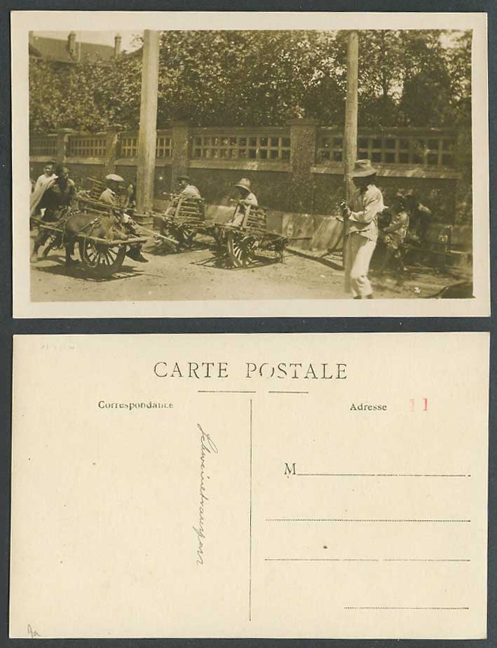 China Old Real Photo Postcard PIG on Chinese Wheelbarrow Wheel Barrow, Shanghai