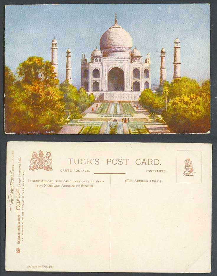 India Old Tuck's Oilette Postcard THE TAJ MAHAL, Agra, Fountains, Gardens Palace