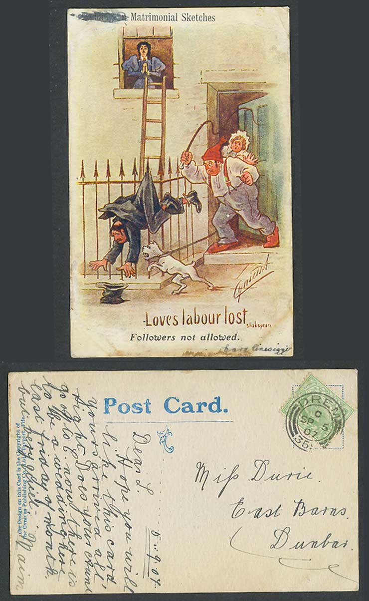 Cynicus 1907 Postcard Love Labour Lost Followers Not Allowed Matrimonial Sketch