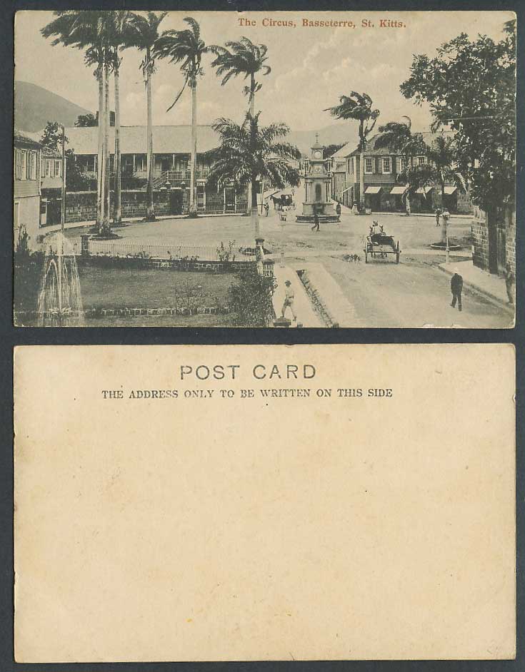 St. Kitts Old UB Postcard Basseterre, The Circus, Street Scene Clock Tower Carts