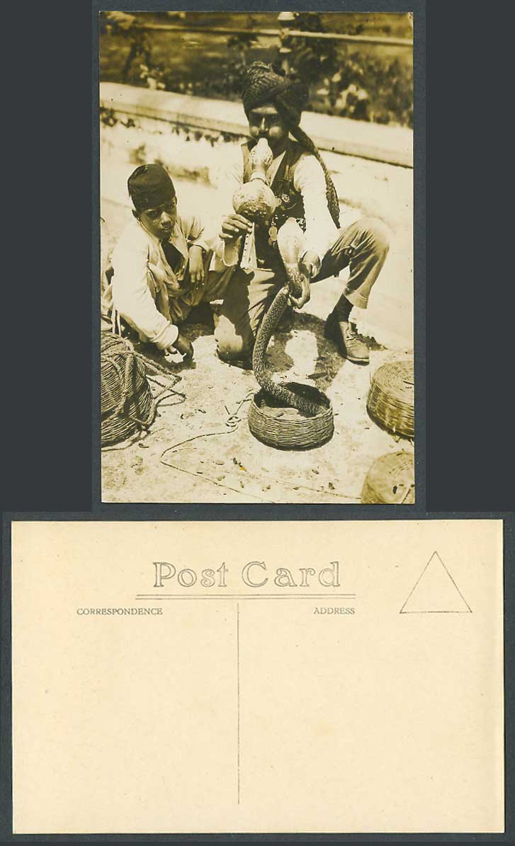 Singapore Old Real Photo Postcard Cobra Snake Charmer Juggler, Pungi, Malay Boy