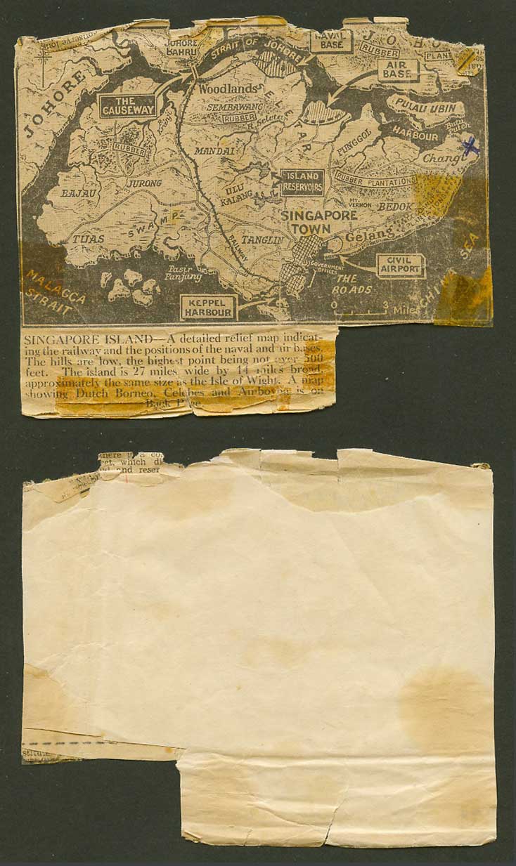 Singapore Island MAP Vintage Old Newspaper Cut-out Naval Air Base Airport Johore