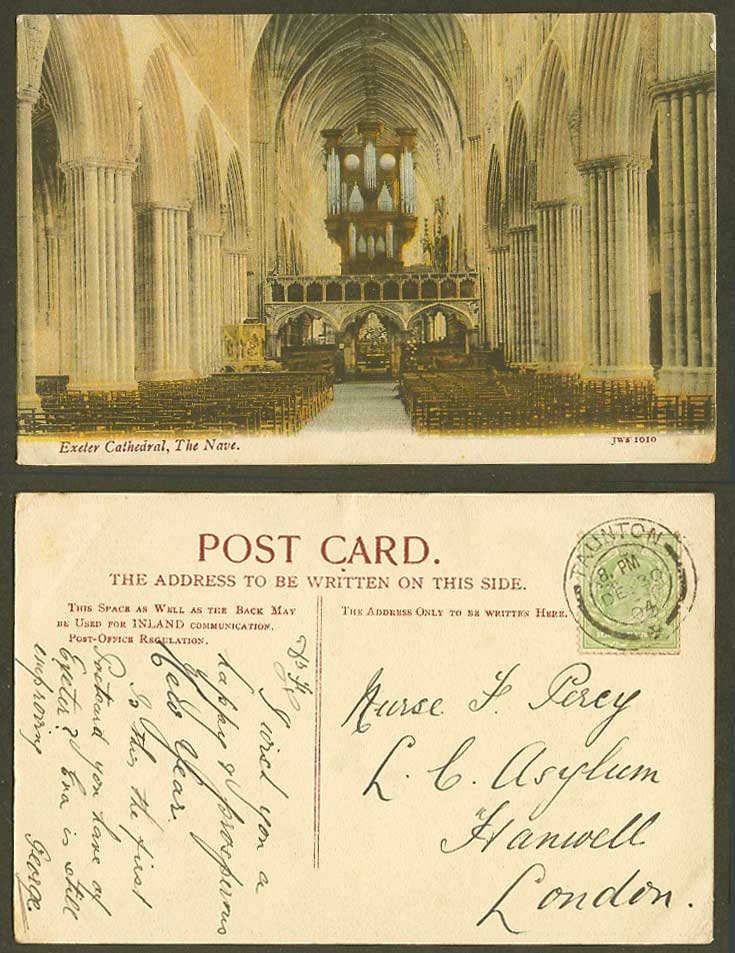 Exeter Cathedral, The Nave, Pipe Organ Organs, Devon 1904 Old Colour Postcard