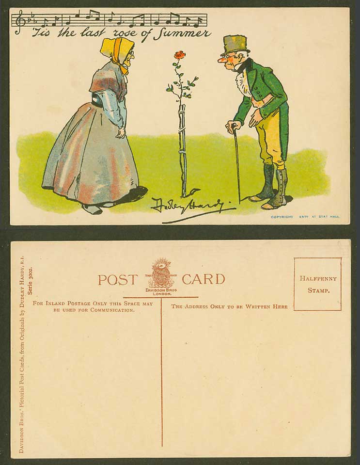 Dudley Hardy Artist Signed Old Postcard 'Tis The Last Rose of Summer, Song Music