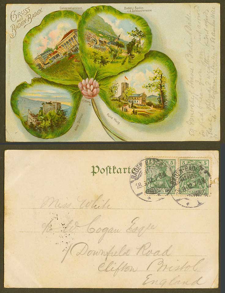 Germany Gruss aus Baden-Baden 1902 Old Postcard Ruine Yburg, Schlossterrasse etc