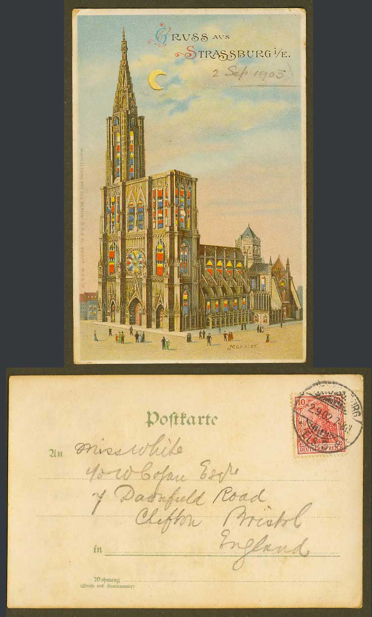 Hold To The Light Gruss aus Strassburg Muenster Moon France 1902 Old UB Postcard