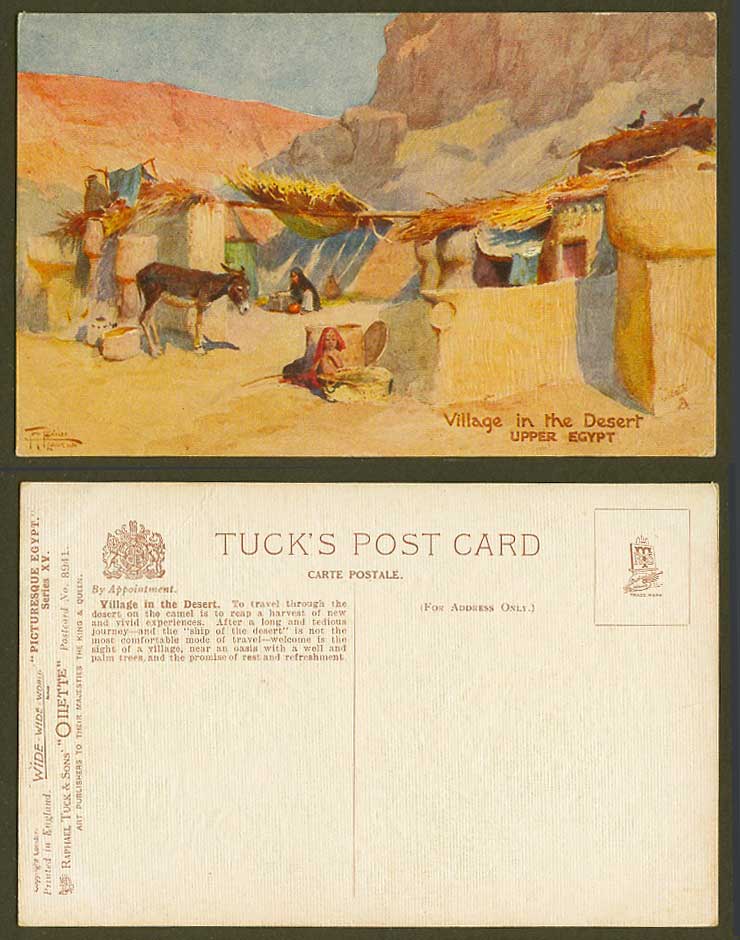 Upper Egypt Village in Desert Donkey, by Tony Binder Old Tuck's Oilette Postcard