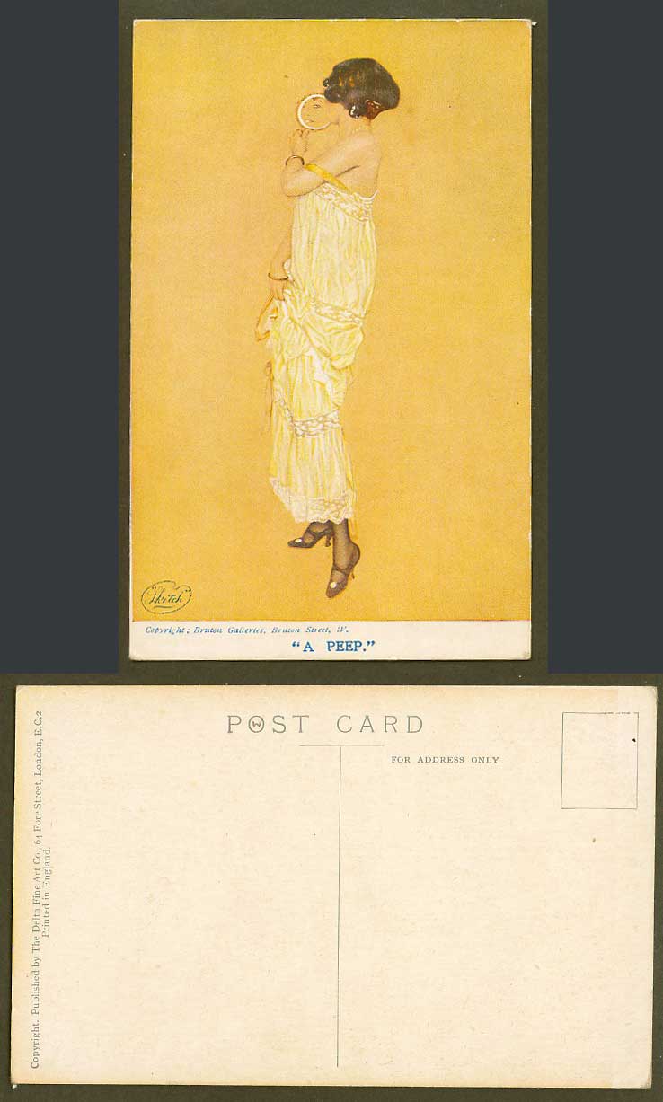 Raphael Kirchner Old Postcard A Peep Glamour Lady Woman Girl holds Mirror Sketch