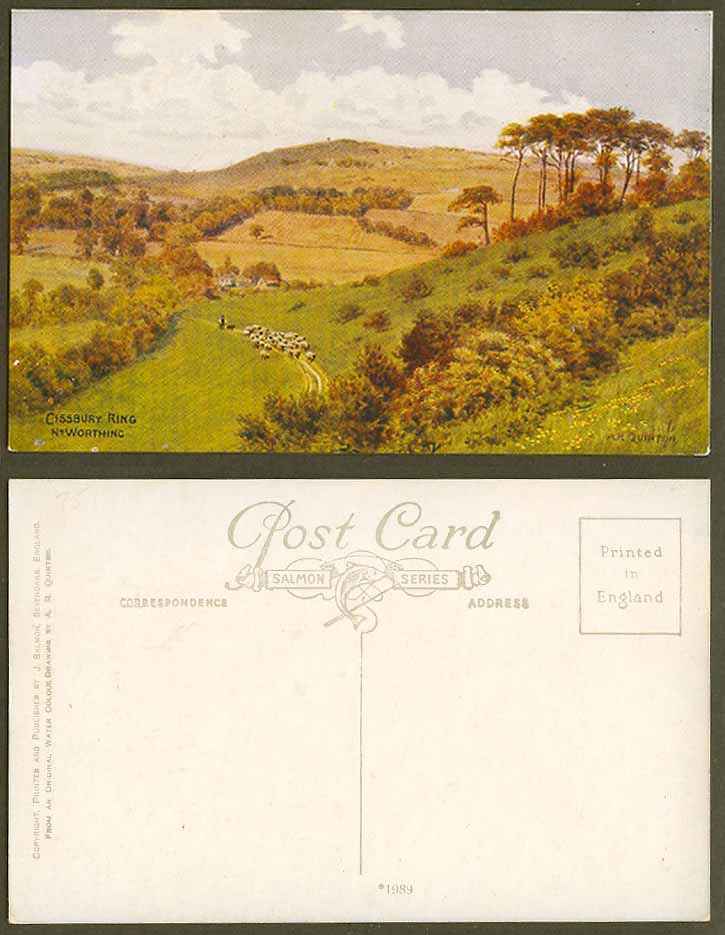AR Quinton Old Postcard Cissbury Ring nr Worthing Sussex Sheep Shepherd Dog 1989