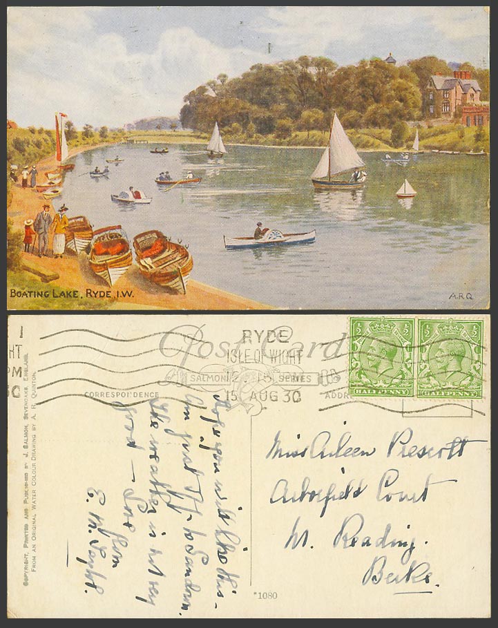 A.R. Quinton 1930 Old Postcard Boating Lake & Boats Ryde I.W. Isle of Wight 1080