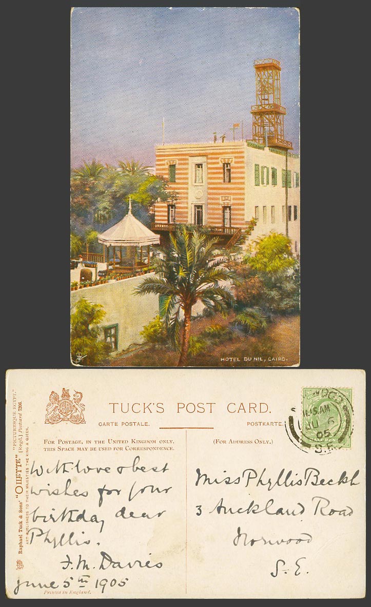 Egypt 1905 Old Tuck's Oilette Postcard Cairo HOTEL DU NIL, Bandstand, Palm Trees