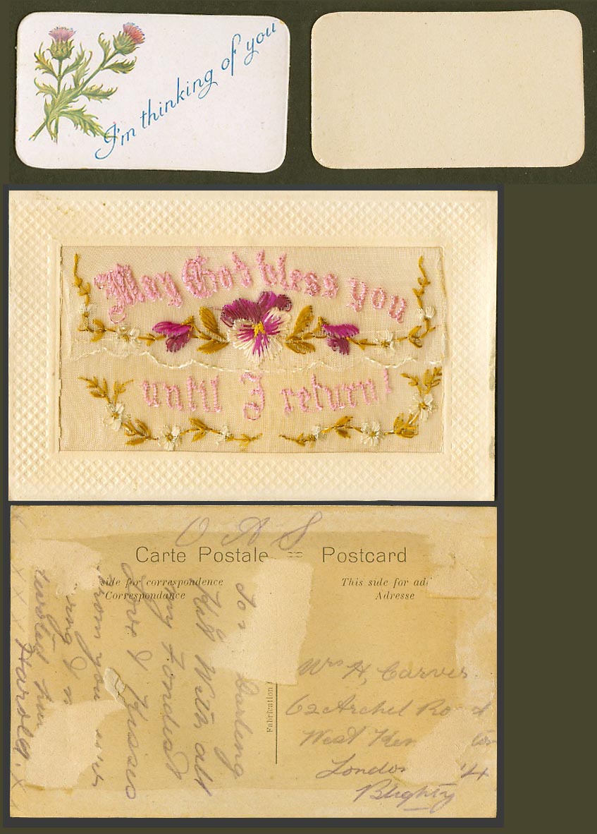 WW1 SILK Embroidered OAS Old Postcard May God Bless You Until I Return, Thistles