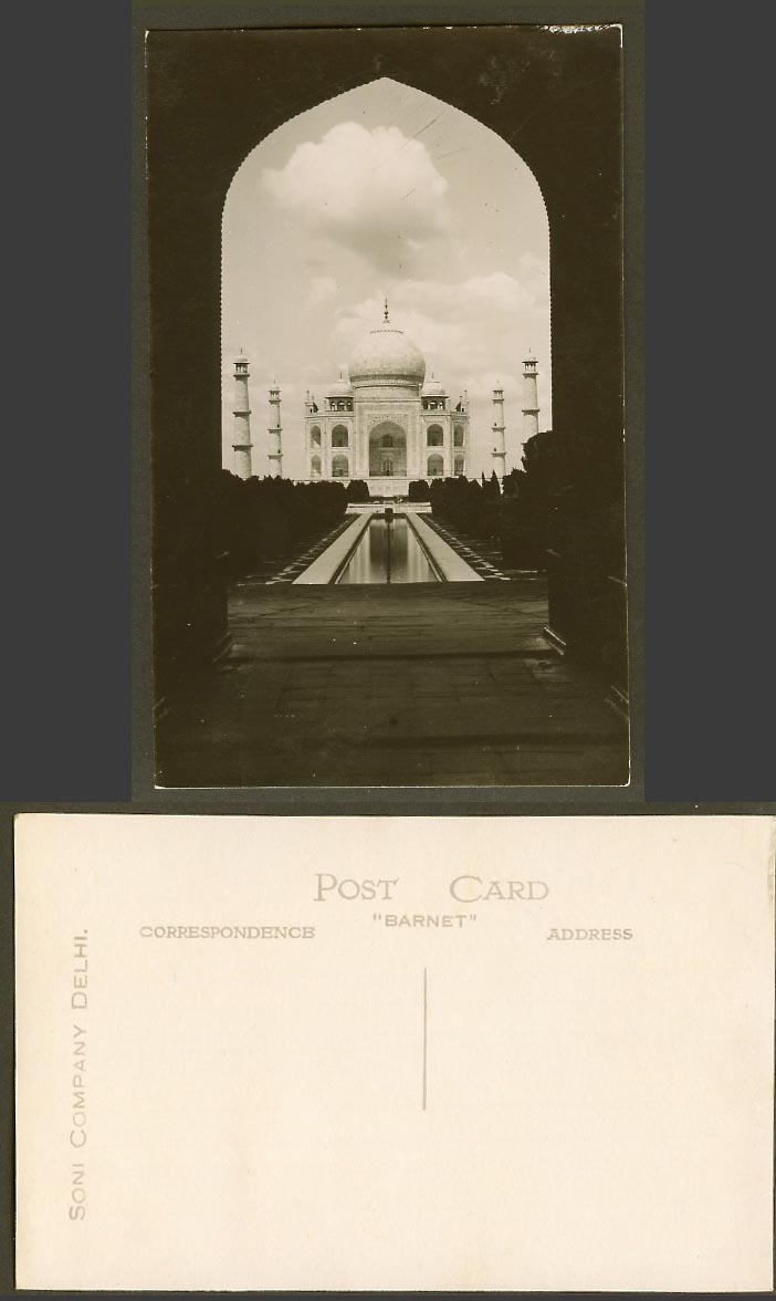 India Old Real Photo Postcard TAJ MAHAL Agra Fountain, Soni Company Delhi Barnet