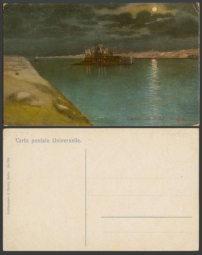 Egypt Old Colour Postcard Canal de Suez Drague, Dredge Night Moonlight Moon Boat