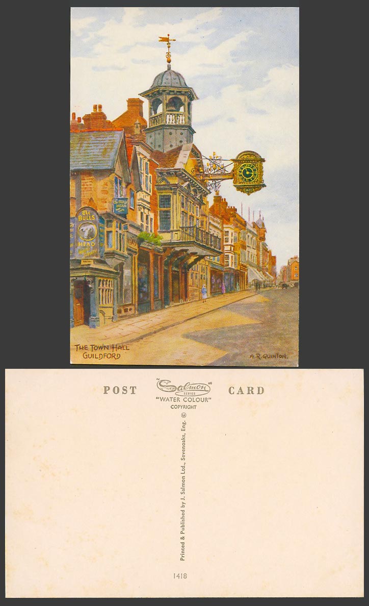 A.R. Quinton Old Postcard Town Hall Guildford Surrey Street Bull's Head Pub 1418