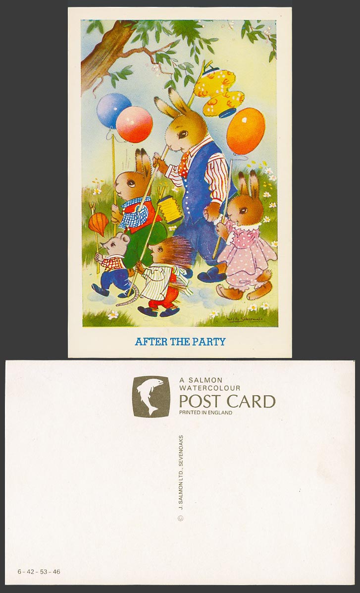 Willy Schermele Old Postcard After The Party, Lanterns Balloons Rabbits Hedgehog