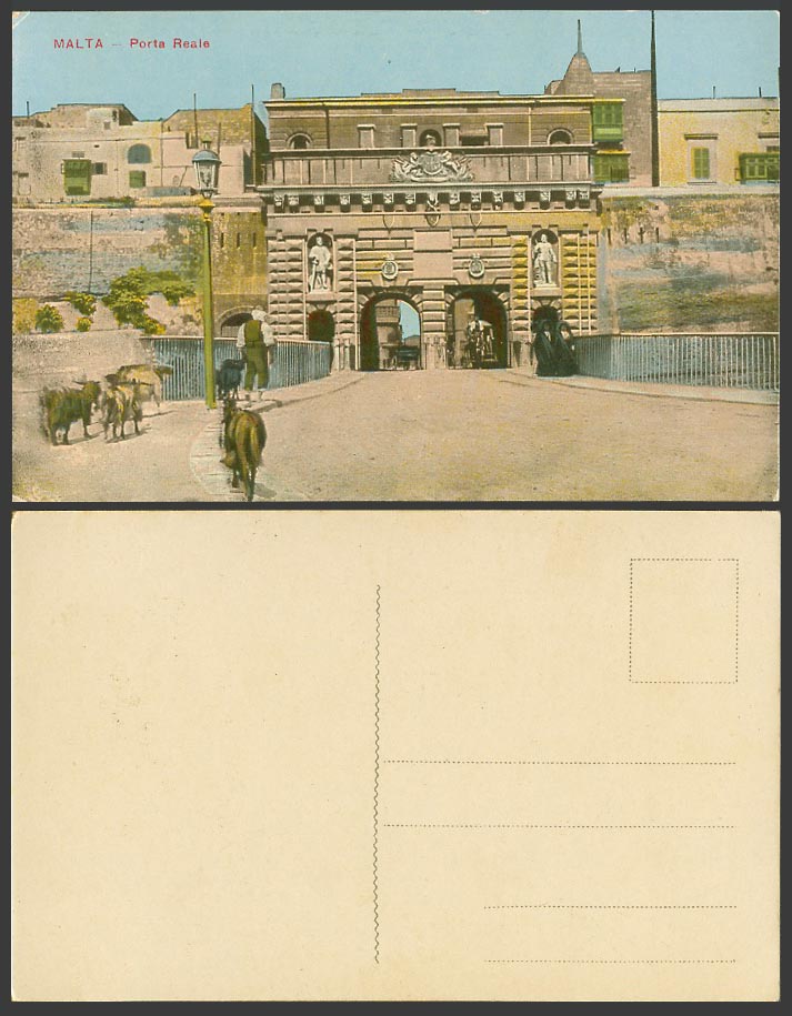 Malta Old Postcard Valletta PORTA REALE GATE, Goats & Shepherd Women in Faldetta
