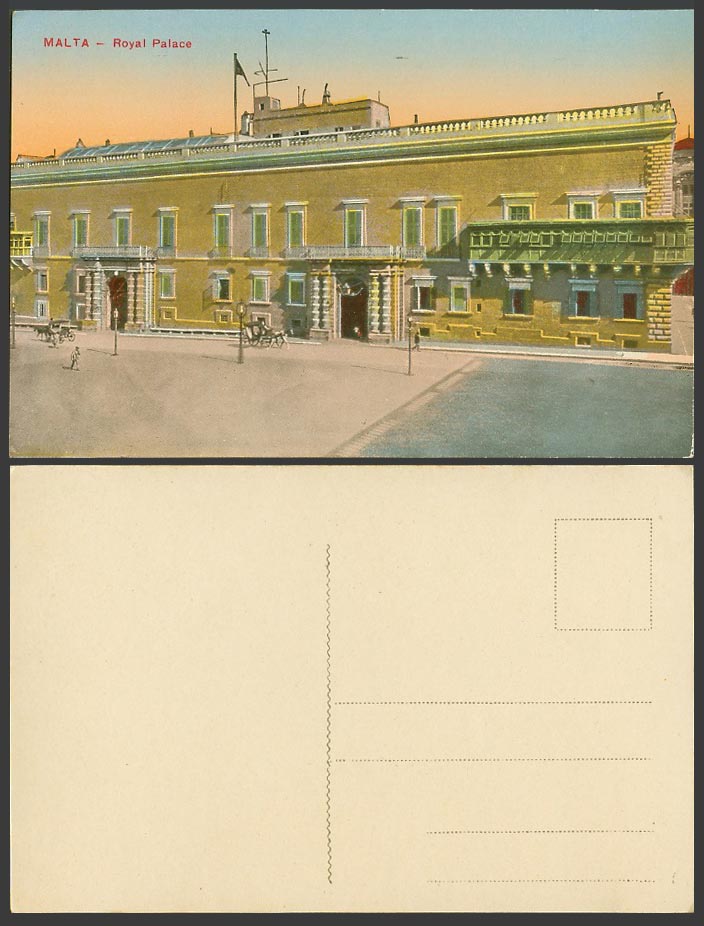 Malta Maltese Old Colour Postcard Royal Palace, Street Scene, Horse Drawn Carts