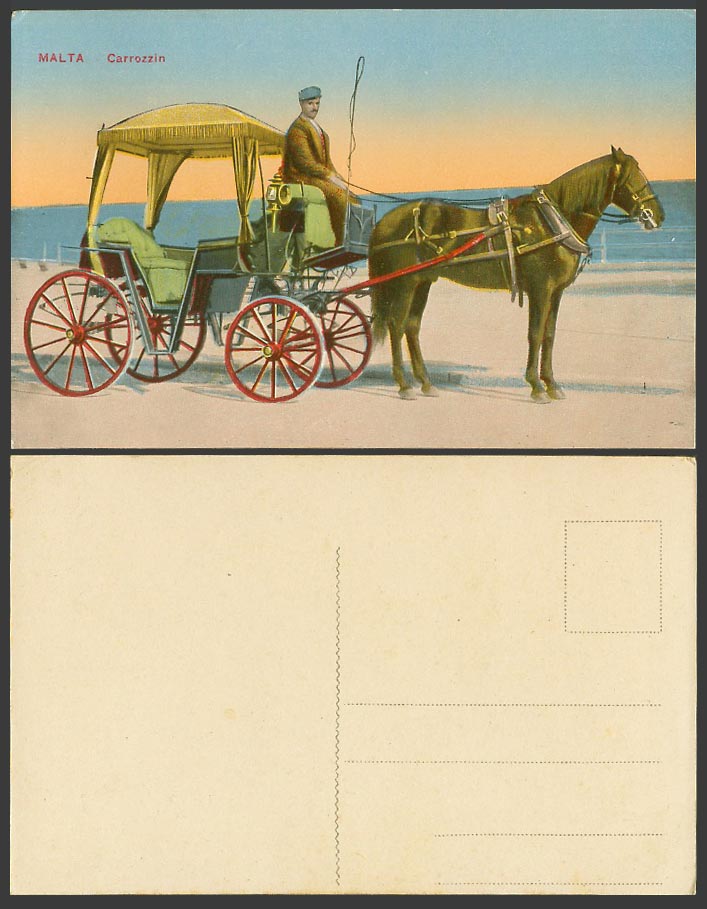 Malta Old Colour Postcard CARROZZIN Maltese Horse Cart and Driver by Sea, Sunset