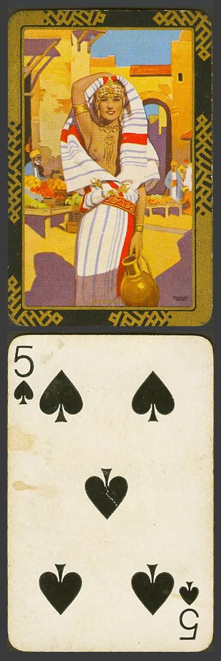 Egypt Vintage Old Playing Card 5 Spade Egyptian Woman Pitcher Gate Street Vendor