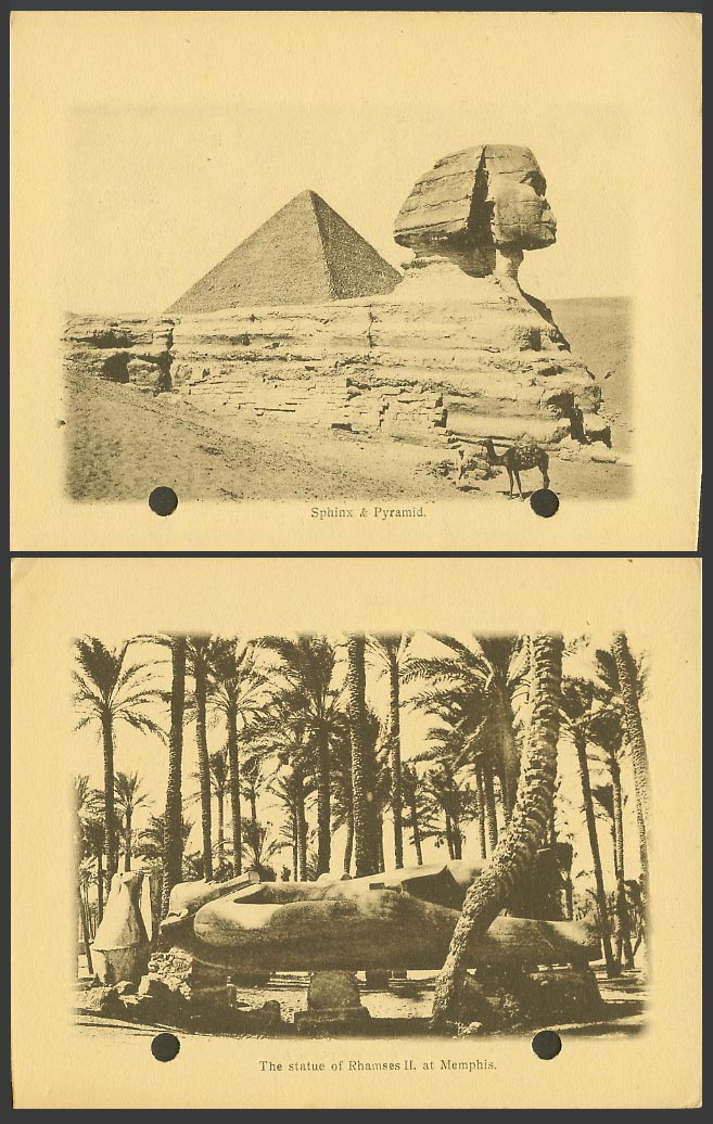 Egypt Old Card Sphinx & Pyramid Camel Statue of Rhamses II at Memphis Palm Trees