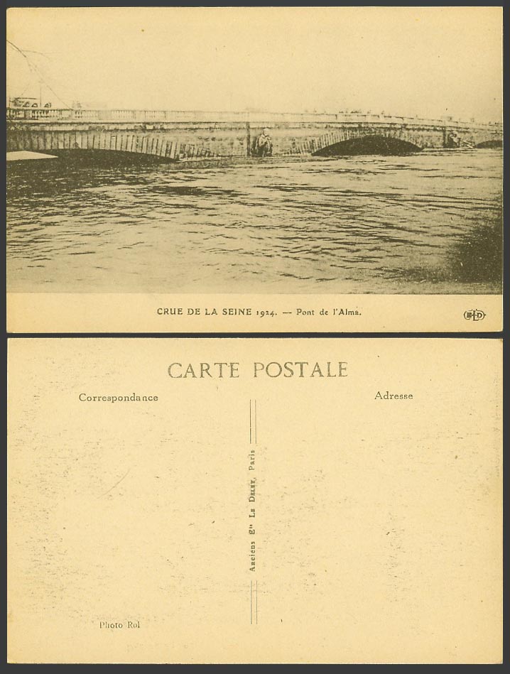 PARIS FLOOD Crue de la Seine River Scene 1924 Old Postcard Pont de l'Alma Bridge