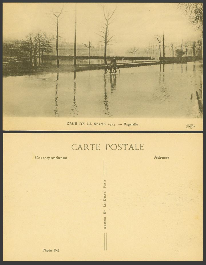 PARIS FLOOD Crue de la Seine River 1924 Old Postcard Bagatelle Parc Park Bicycle