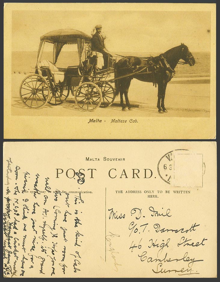 Malta Old Postcard A Maltese Cab, Carrozzin Horse Drawn Carriage Cart and Driver