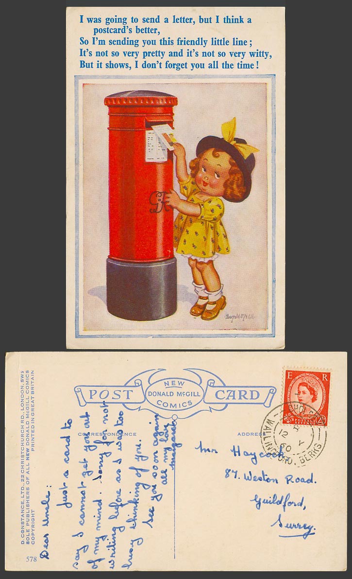Donald McGill 1960 Old Postcard Girl Going to Send Letter Royal Mail POSTBOX 578