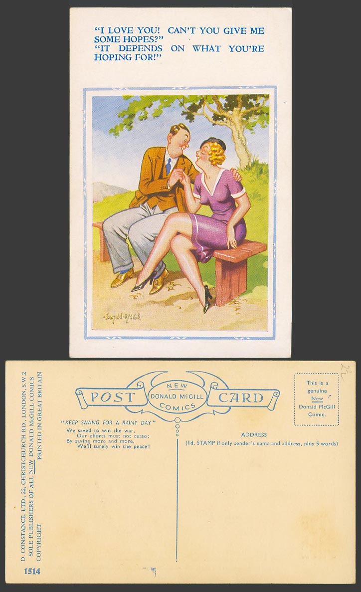 Donald McGill Old Postcard I love you Can't you give me some hopes? Romance 1514