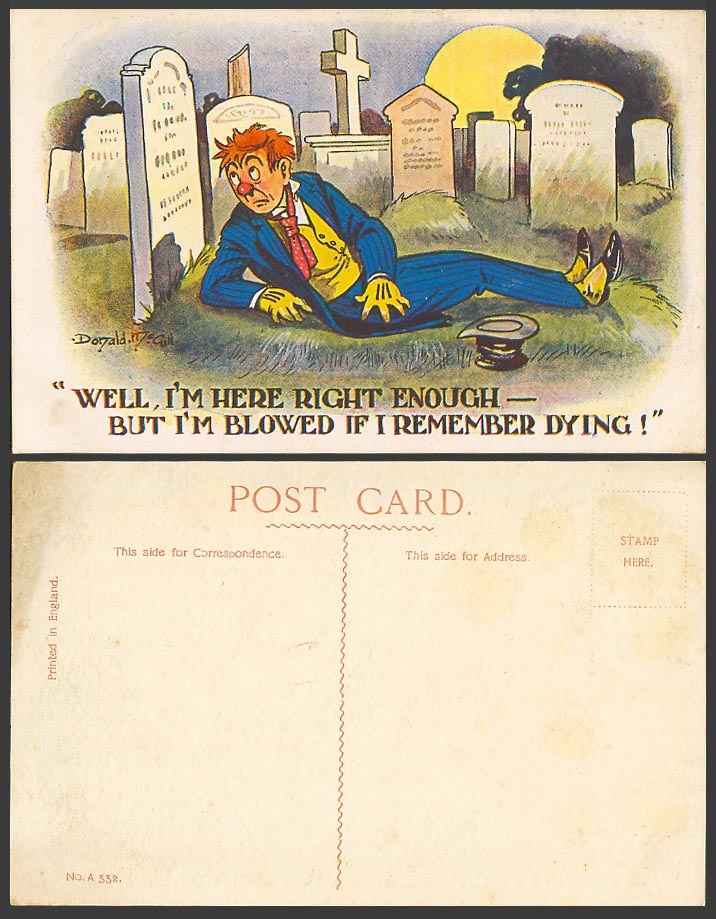 Donald McGill Old Postcard Cemetery Graves Drunk Blowed If I Remember Dying A332