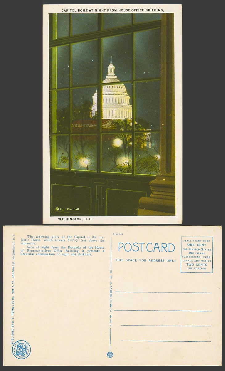 USA Old Postcard Capitol Dome at Night from House Office Building Washington D.C
