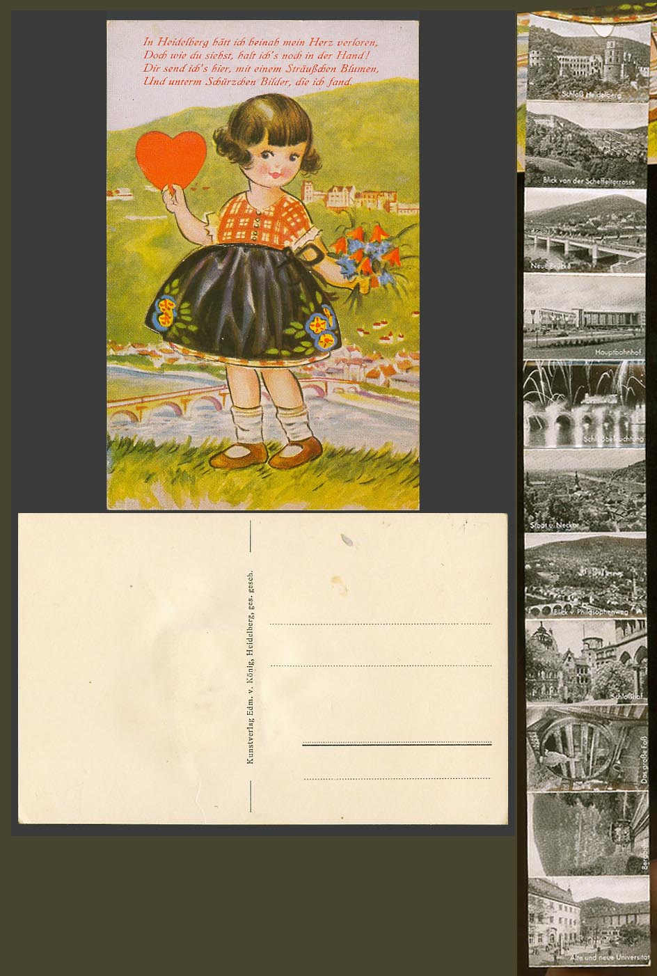 Girl with Heart & Flowers, Novelty with Pullout Views of Heidelberg Old Postcard