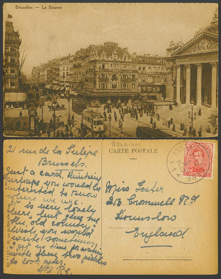 Belgium 10c 1920 Old Postcard BRUSSELS Stock Exchange Cars TRAM Trams La Bourse