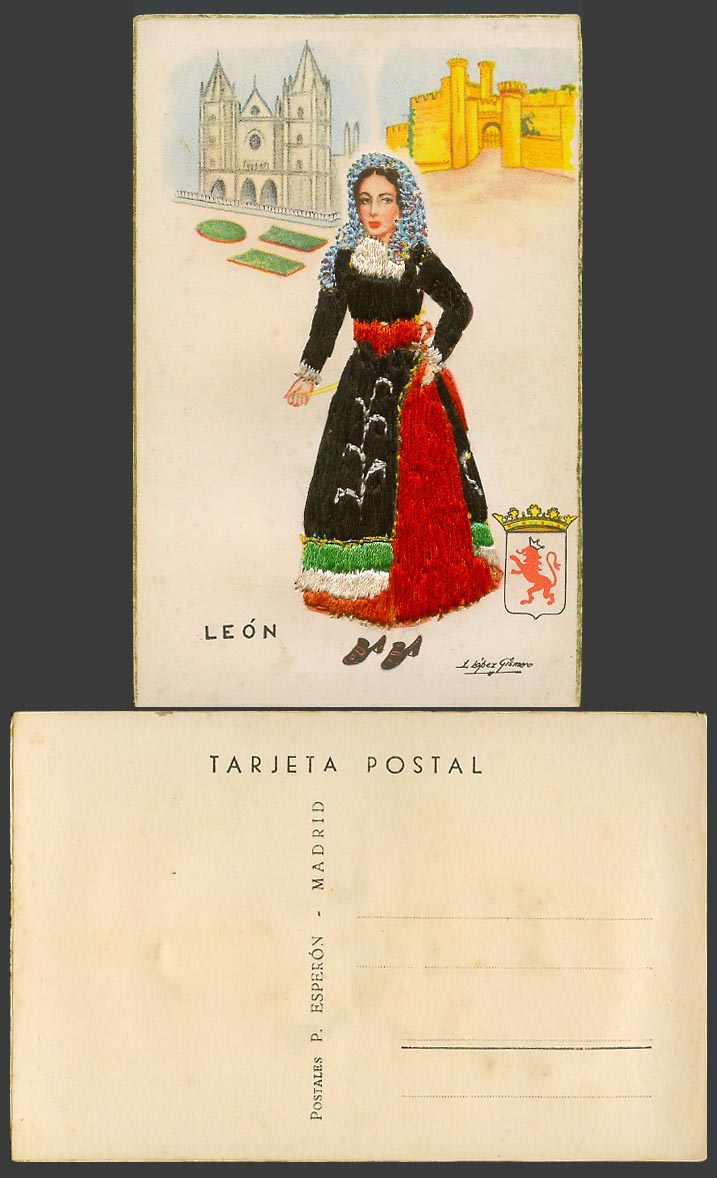 Spain Silk Embroidered Dress Leon Woman Lady Girl Castle Church Old ART Postcard