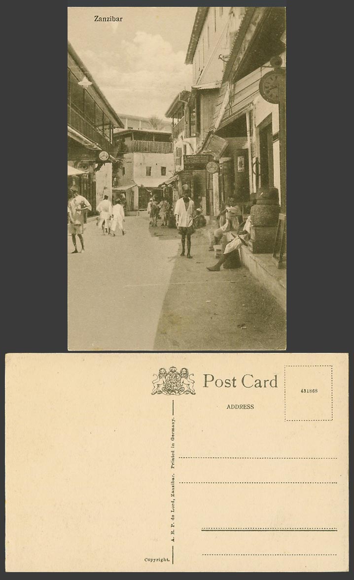 Zanzibar Old Postcard Native Street Scene, Clock Clocks, Natives, A.R.P. de Lord