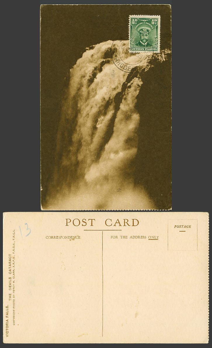 S. Rhodesia KG5 1/2d 1928 Old Photo Postcard Victoria Falls, The Devils Cataract