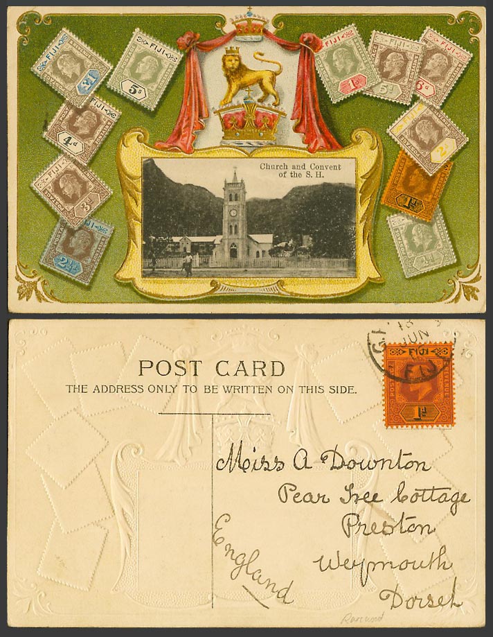 FIJI Vintage Stamps Stamp Card KE7 1d 1906 Old Postcard Church & Convent of S.H.