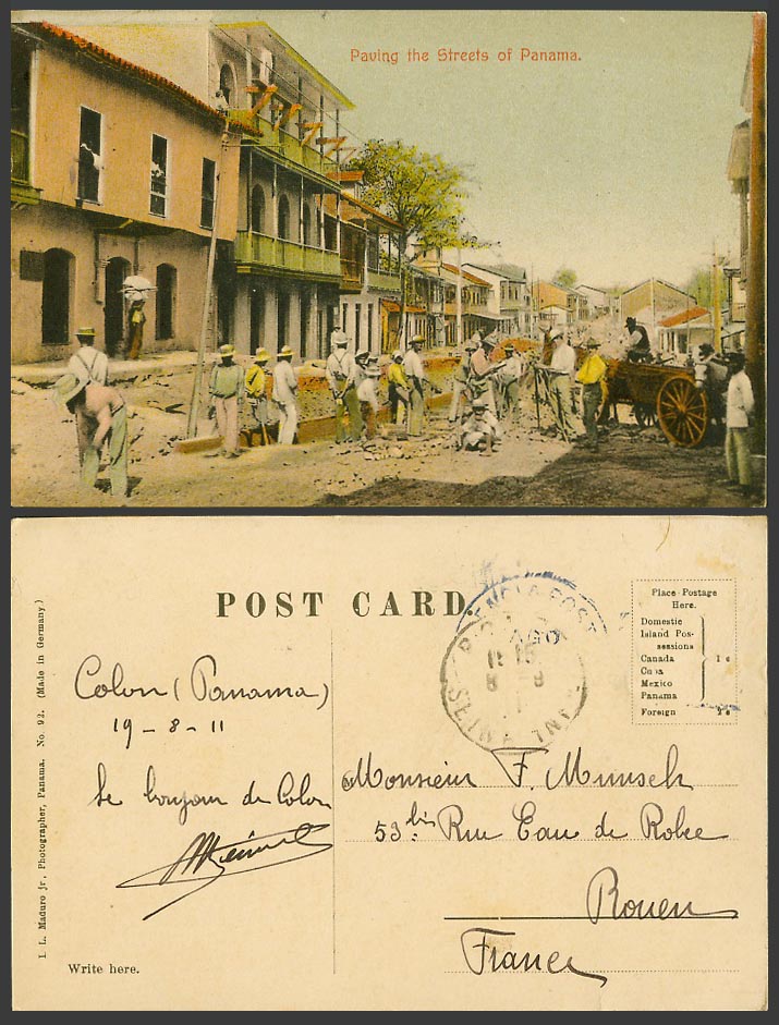 Panama 1911 Old Colour Postcard Native Workers Paving the Streets I.L. Maduro Jr