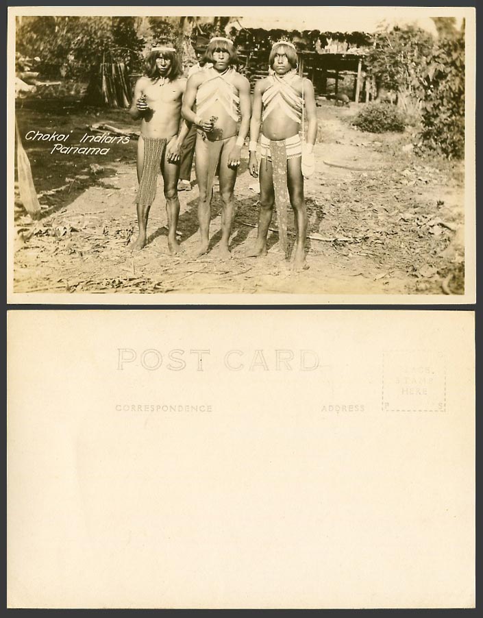 Panama Old Real Photo Postcard Chokoi Indians, Ethnic Native Indian Men Costumes