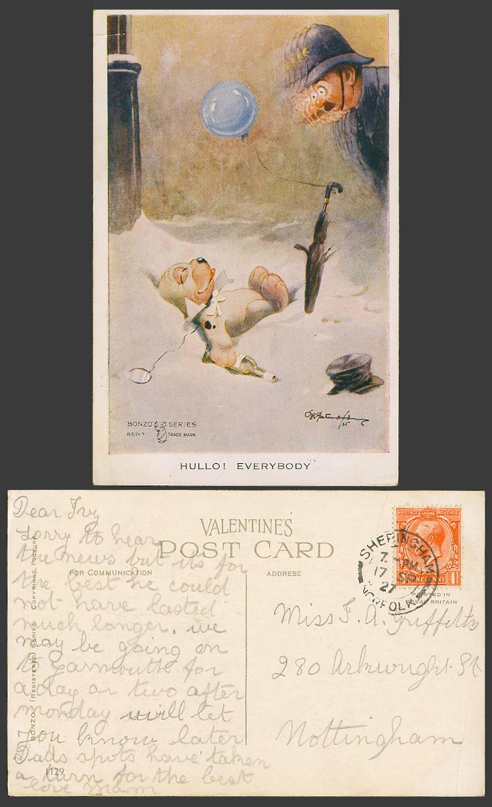 BONZO DOG GE Studdy 1927 Old Postcard Hullo Everybody! Police Drunk Balloon 1129