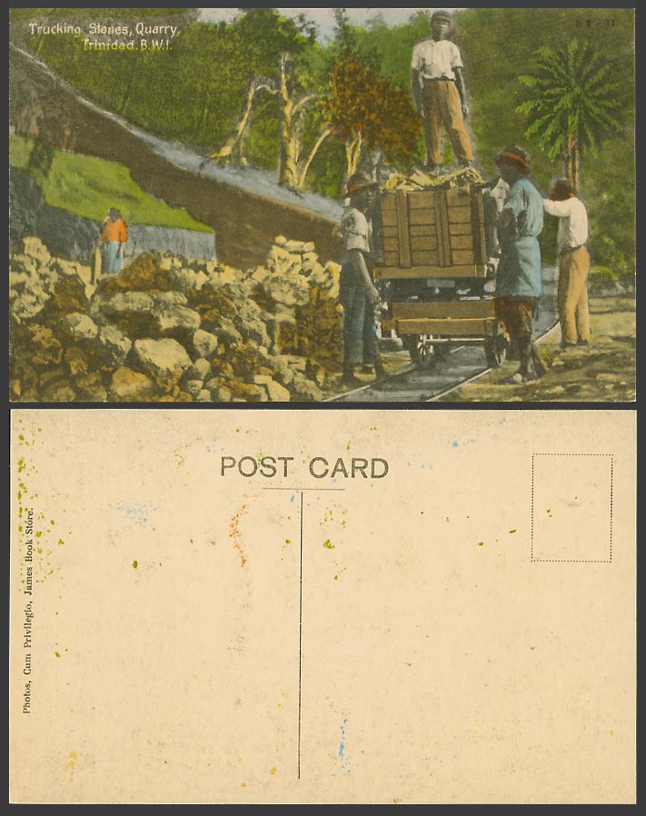 Trinidad B.W.I. Old Postcard Trucking Stones Quarry Worker Railway Railroad Cart