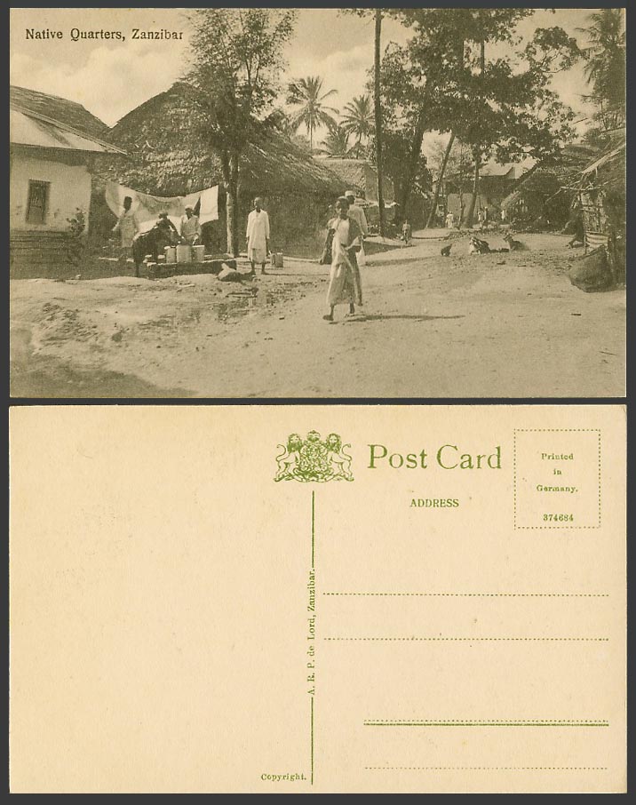 Zanzibar Old Postcard Native Quarters Houses Huts Street Scene Drawing Water Boy